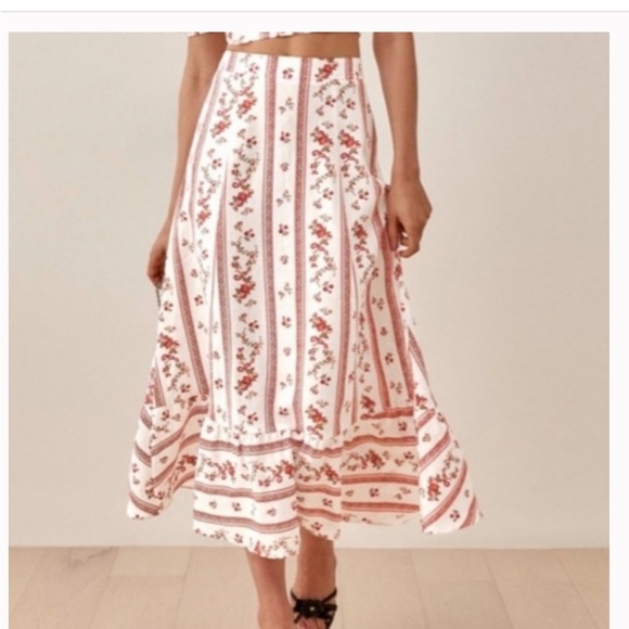 REFORMATION White Red Floral Stripe Linen Midi Ruffle Hem Skirt Size 12 - Picture 1 of 8